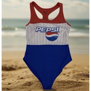 Pepsi One Piece Swimsuit Women Large Blue Red White Pinstripe Racerback Logo